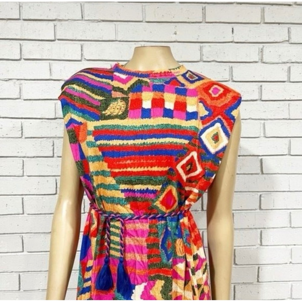 Farm Rio Patchwork Print Sleeveless Midi Dress Multi-Color Braided Tassel Belt - Picture 2 of 12